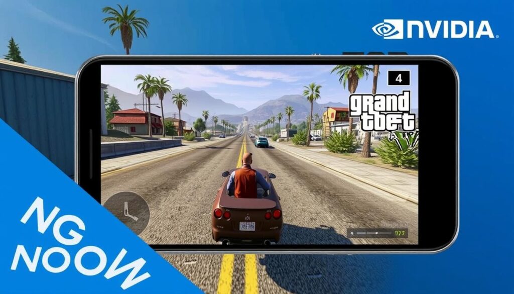 Imagen de NVIDIA GeForce NOW ejecutando GTA5 en un dispositivo móvil Imagen de NVIDIA GeForce NOW ejecutando GTA5 en un dispositivo móvil