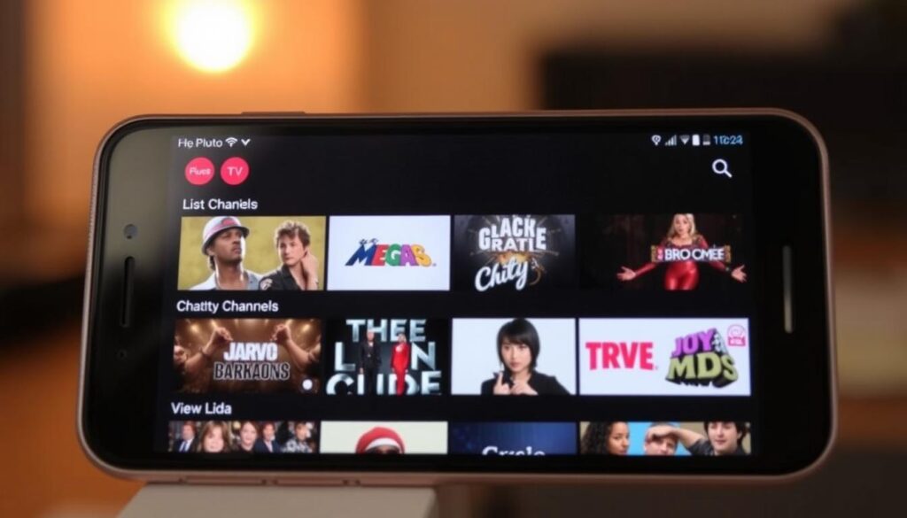 Imagen de la aplicación Pluto TV en un dispositivo móvil mostrando varios canales. Imagen de la aplicación Pluto TV en un dispositivo móvil mostrando varios canales.