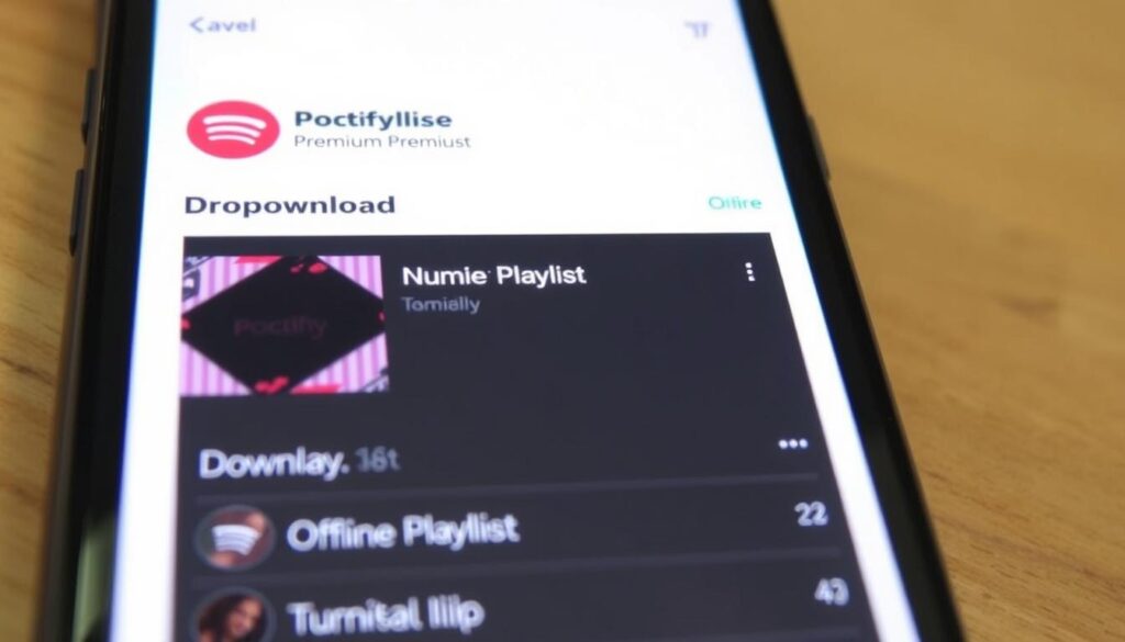 Imagen de la aplicación Spotify Premium en un dispositivo móvil mostrando una lista de reproducción descargada. Imagen de la aplicación Spotify Premium en un dispositivo móvil mostrando una lista de reproducción descargada.