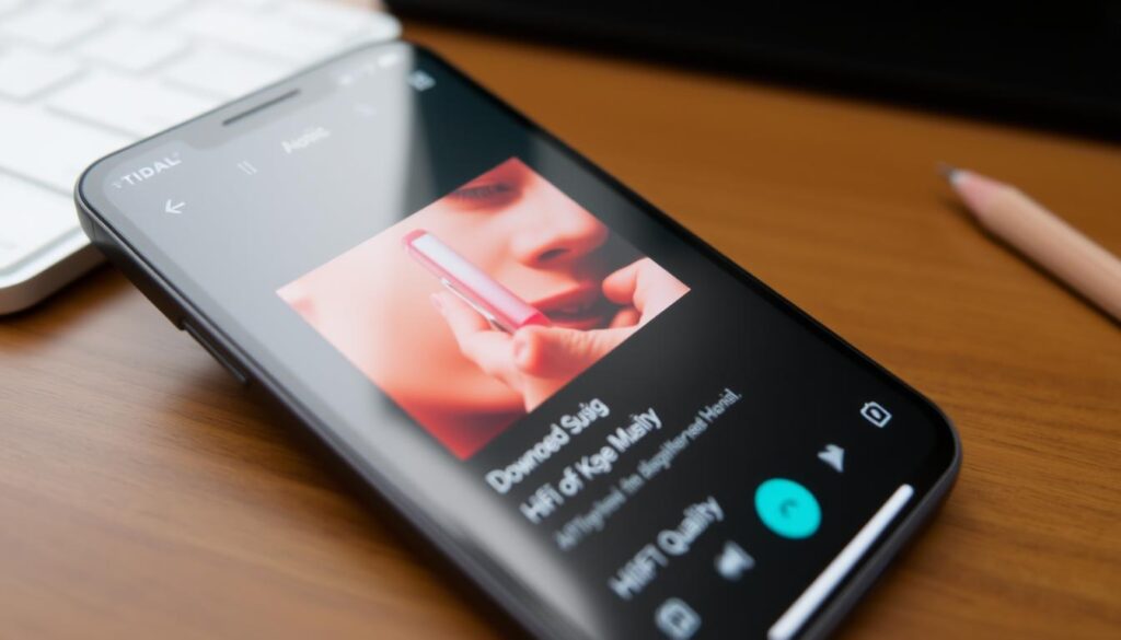 Imagen de la aplicación Tidal en un dispositivo móvil mostrando una canción descargada en calidad HiFi. Imagen de la aplicación Tidal en un dispositivo móvil mostrando una canción descargada en calidad HiFi.