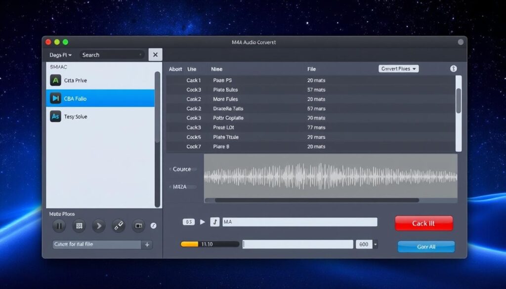 Imagen de la interfaz de usuario de M4A Audio Converter mostrando la conversión de un archivo de audio