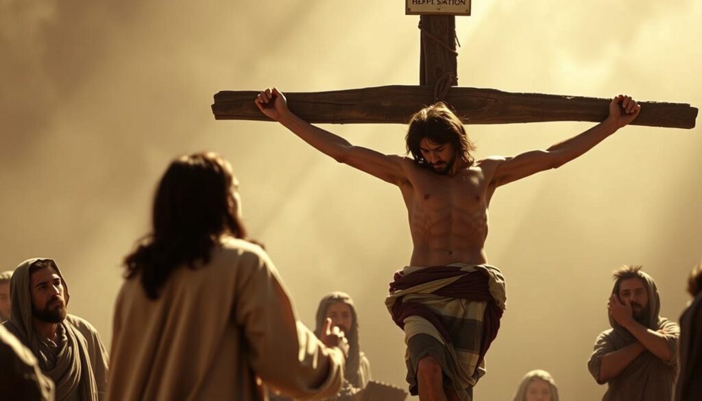 Imagen de la miniserie "The Passion" mostrando la crucifixión de Cristo
