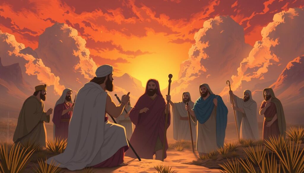 Imagen de la serie "Moisés y los Diez Mandamientos" con Moisés y los israelitas