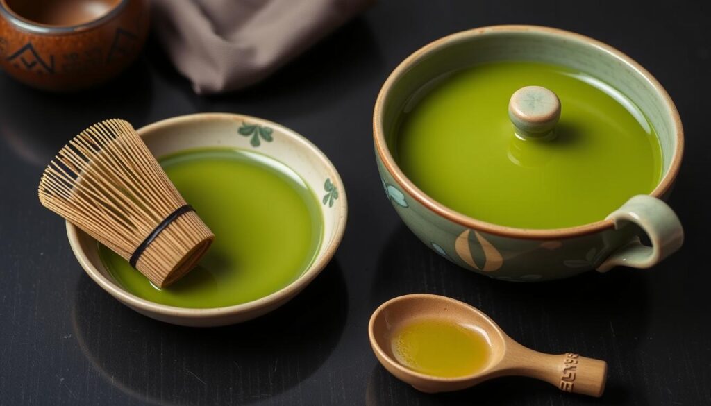 Imagen de un set de té matcha con batidor de bambú Imagen de un set de té matcha con batidor de bambú
