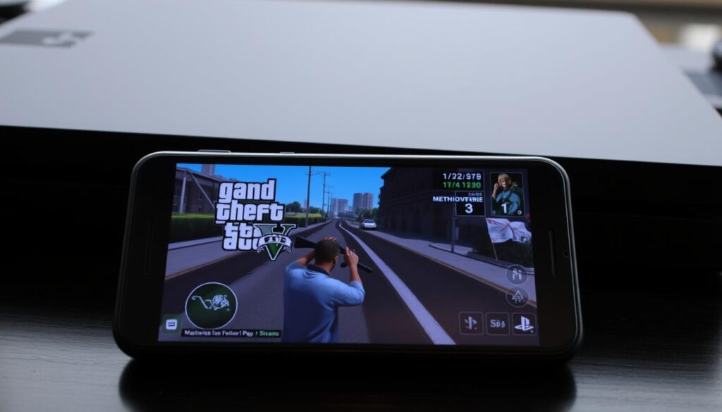 Imagen de una pantalla de celular mostrando el juego GTA 5 siendo transmitido desde una consola PlayStation Imagen de una pantalla de celular mostrando el juego GTA 5 siendo transmitido desde una consola PlayStation