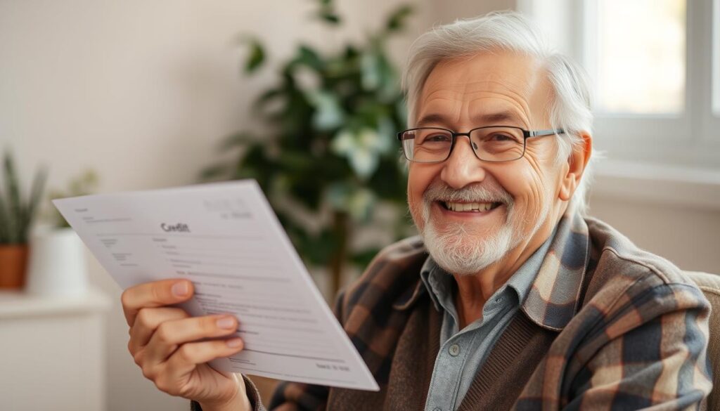 Imagen de una persona jubilada sonriendo mientras sostiene un documento de crédito