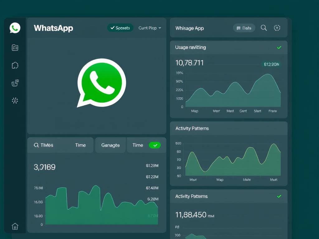 Interfaz de una aplicación para monitorear WhatsApp mostrando estadísticas de uso y gráficos de tiempo Interfaz de una aplicación para monitorear WhatsApp mostrando estadísticas de uso y gráficos de tiempo