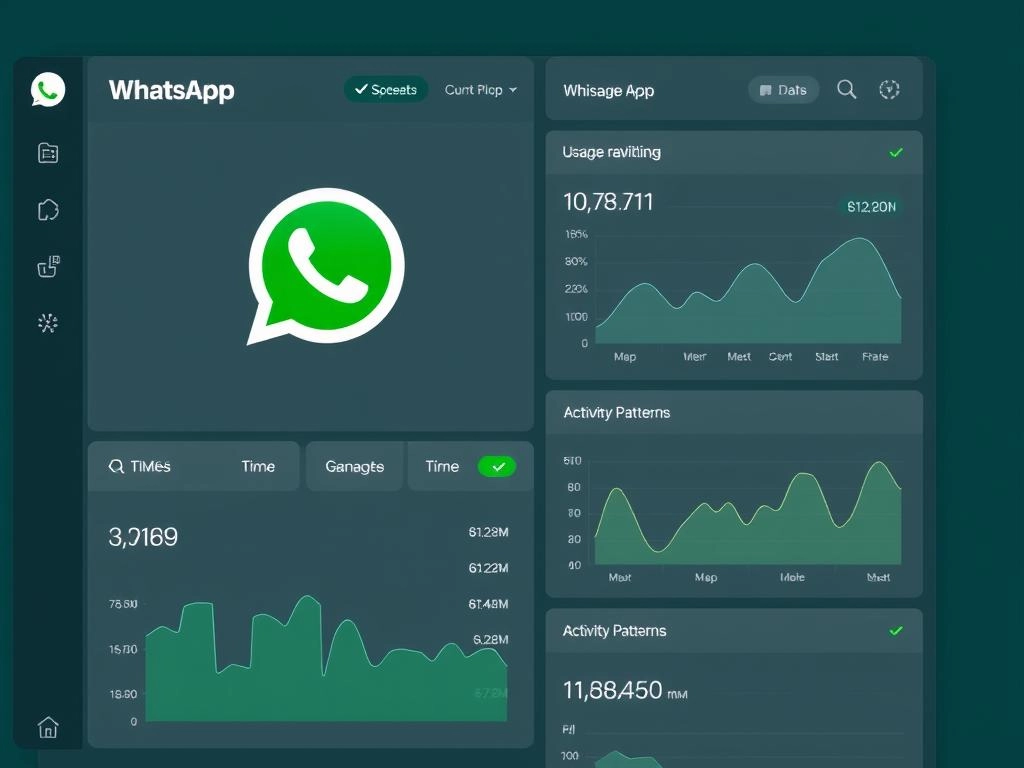 Interfaz de una aplicación para monitorear WhatsApp mostrando estadísticas de uso y gráficos de tiempo Interfaz de una aplicación para monitorear WhatsApp mostrando estadísticas de uso y gráficos de tiempo