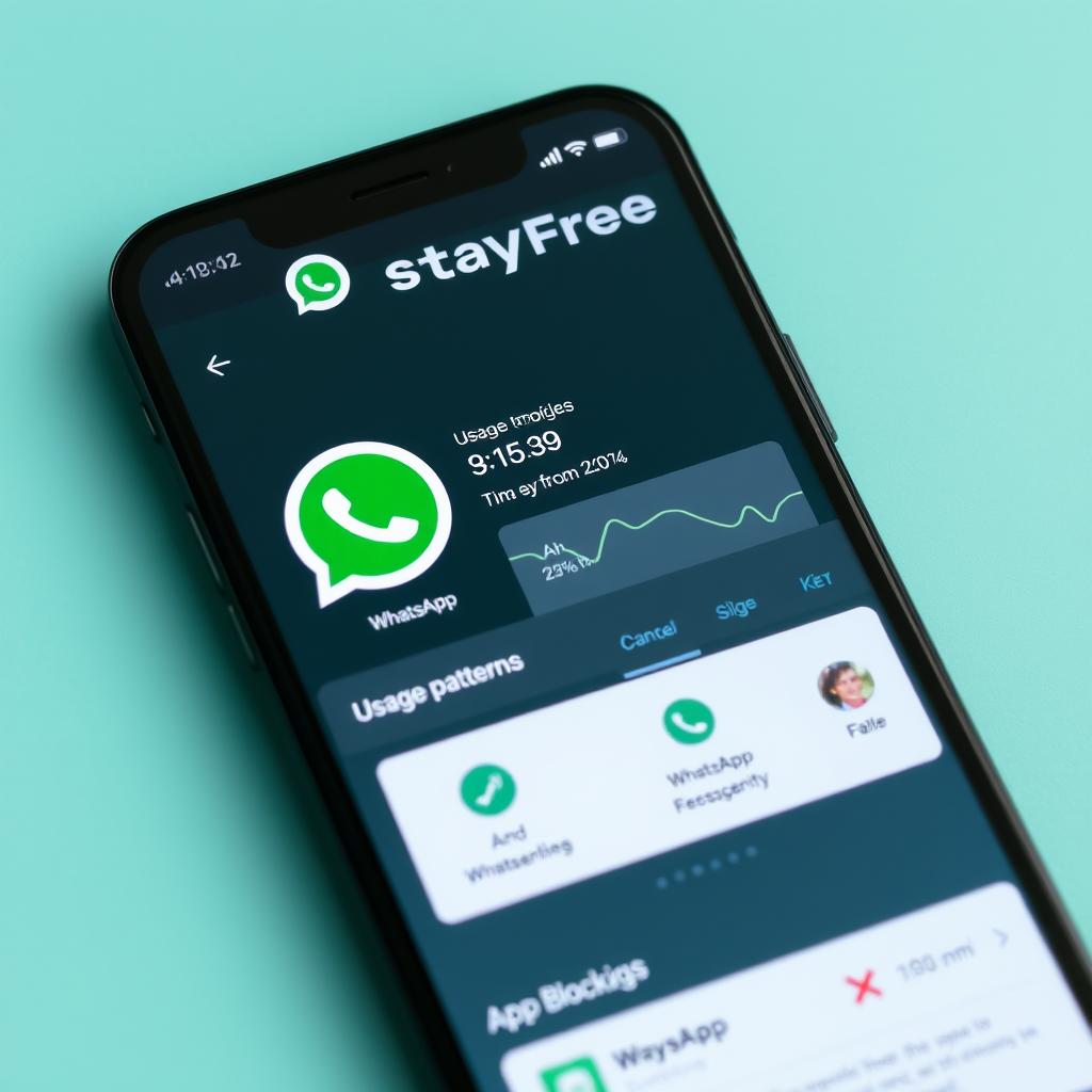 Logo e interfaz de la aplicación StayFree para monitorear WhatsApp y mensajería Logo e interfaz de la aplicación StayFree para monitorear WhatsApp y mensajería