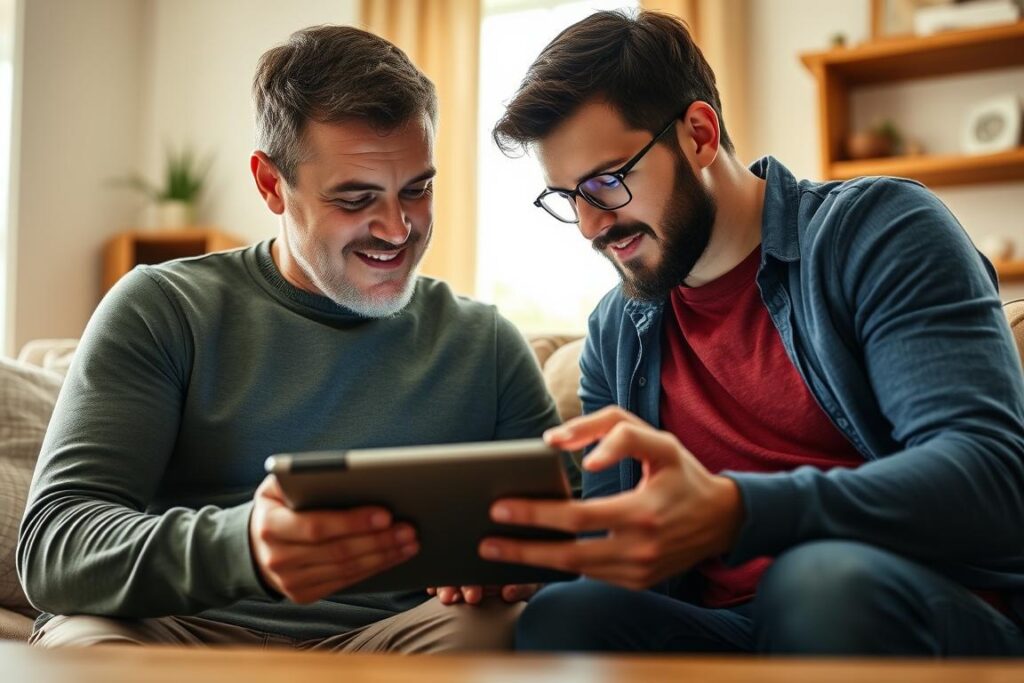 Padre e hijo conversando sobre el uso responsable de aplicaciones de mensajería Padre e hijo conversando sobre el uso responsable de aplicaciones de mensajería
