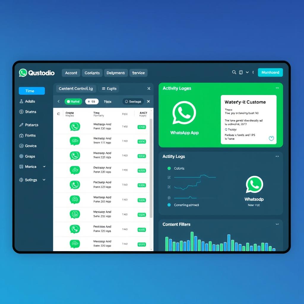 Panel de control de Qustodio mostrando monitoreo de WhatsApp y otras aplicaciones de mensajería Panel de control de Qustodio mostrando monitoreo de WhatsApp y otras aplicaciones de mensajería