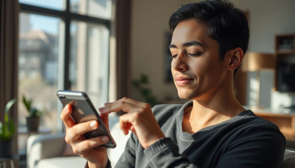 Persona utilizando su smartphone de manera consciente con aplicación de monitoreo visible en segundo plano Persona utilizando su smartphone de manera consciente con aplicación de monitoreo visible en segundo plano