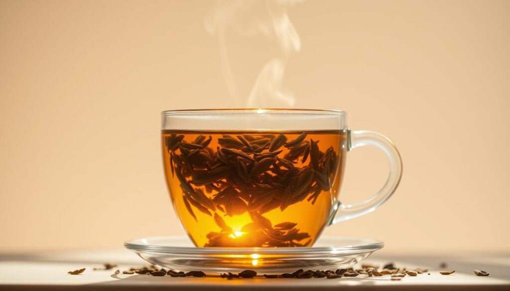 Vibrant and energizing tea leaves swirling in a clear glass teacup, set against a minimalist background. Warm sunlight filters through the cup, casting a golden glow on the translucent liquid. The steam rising from the cup creates a sense of vitality and invigoration. The composition emphasizes the tea's natural color and texture, highlighting its freshness and quality. The overall mood is one of rejuvenation and focus, reflecting the restorative power of this energizing beverage.