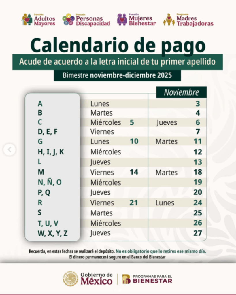 Calendario con fechas de pagos de la pensión Bienestar para adultos