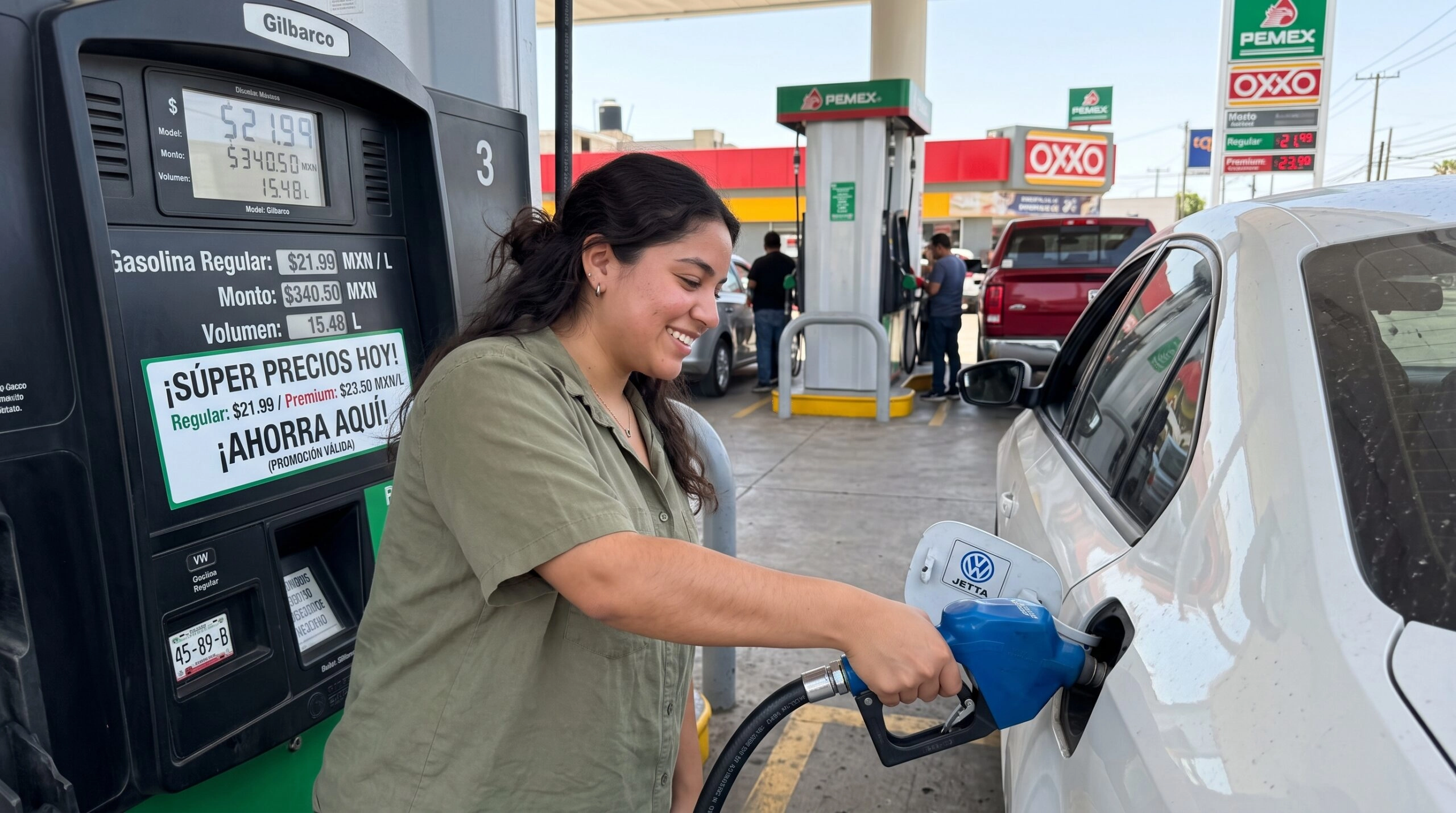 Persona comparando precios de combustible en una estación