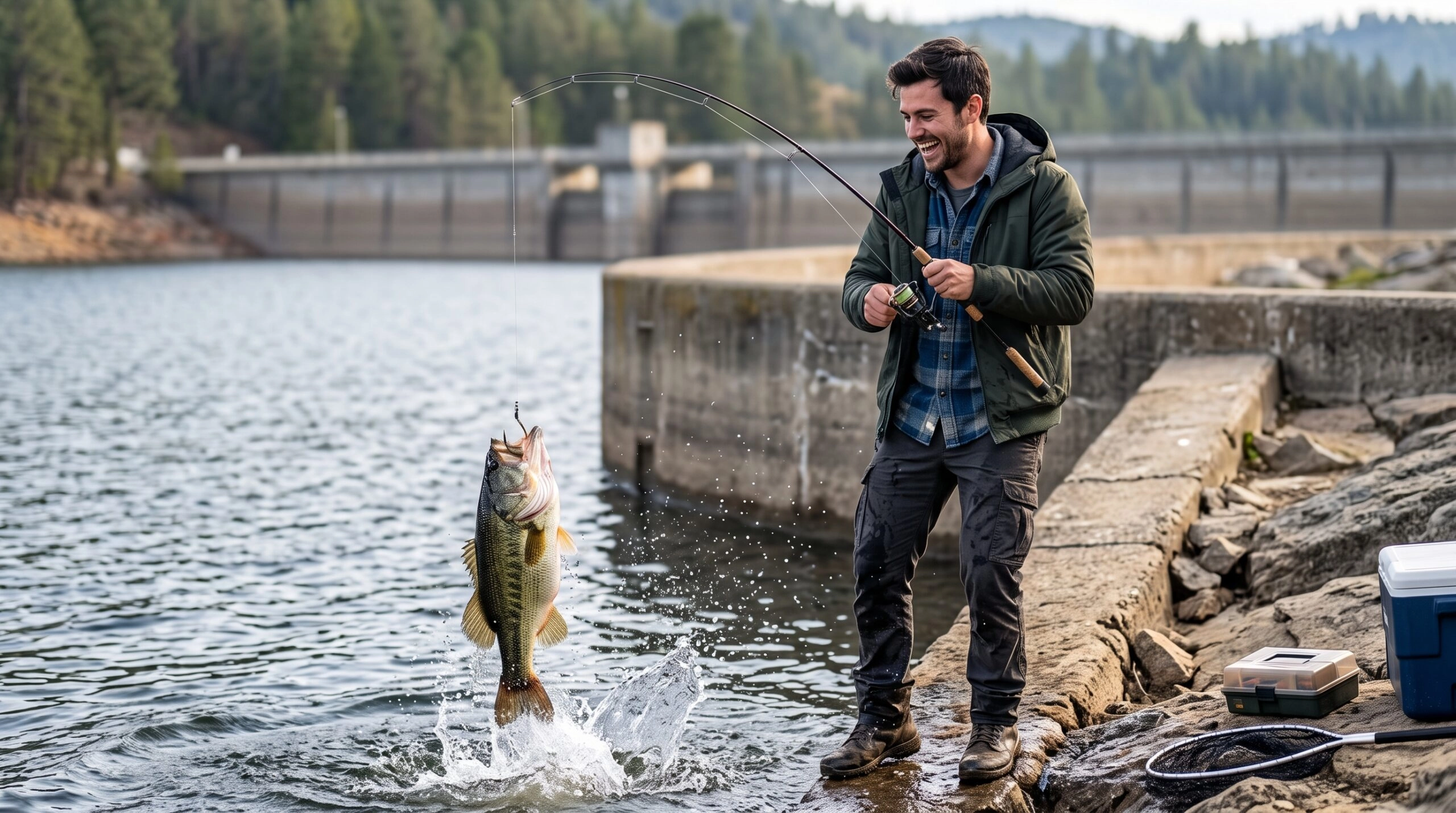 Pescador utilizando una aplicación de mapas y pronóstico